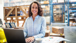 Businesswoman With A Laptop Working At Warehouse